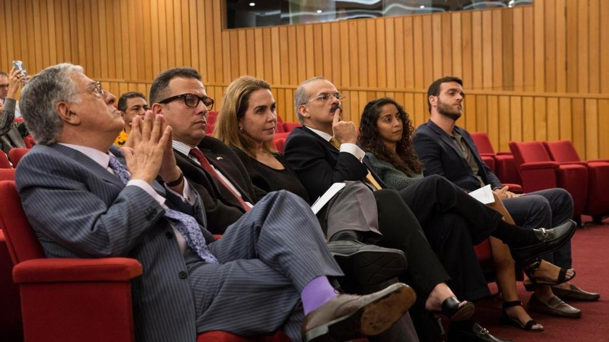 From left to right, journalist Rafael Poleo, activist Edgar Quijano, journalist Lourdes Ubieta, Venezuelan Supreme Court Judge Alejandro Rebolledo, and activists Chris Hudtwalcker and Luisana Pérez during Miami-Dade County Commission meeting about the situation in Venezuela.