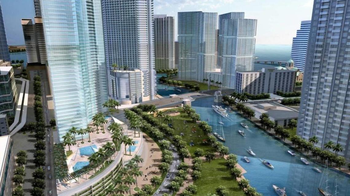A rendering by Zyscovich Architects shows what Miami’s Hyatt and James L. Knight Center properties might look like with the southern half of the area converted into a riverfront park.