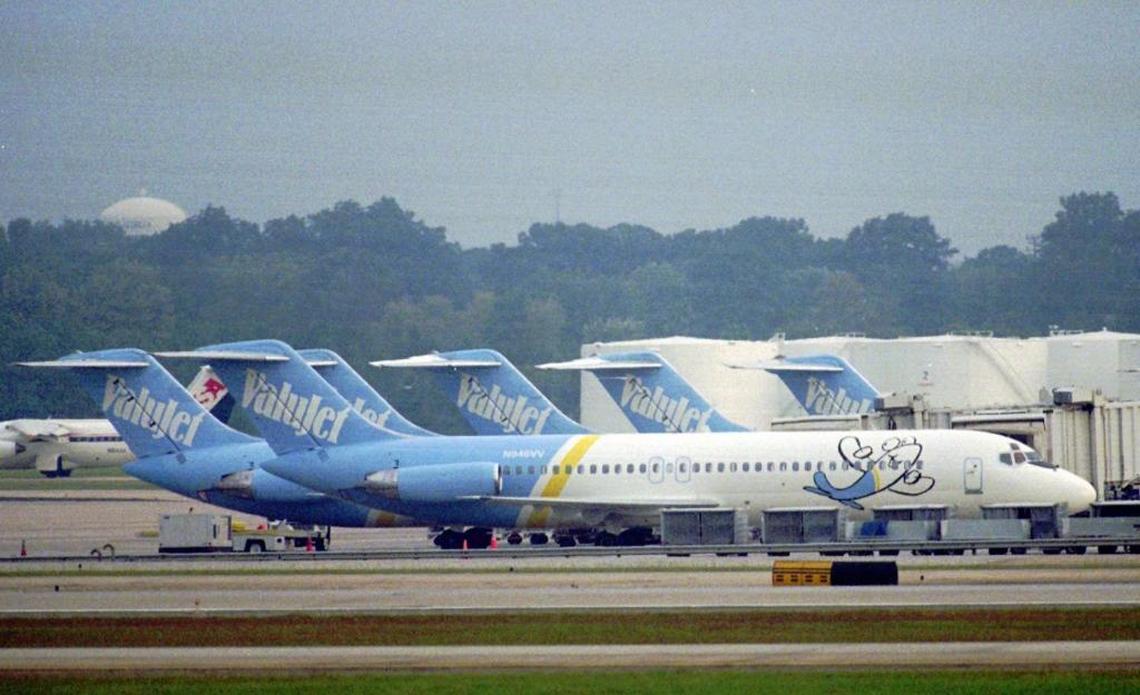 ValuJet planes are parked at the low-fare carrier’s gates at Hartsfield Atlanta International Airport in Atlanta Sept. 28, 1996, as the company prepares to resume a limited schedule Monday. The airline was grounded shortly after a flight crashed into the Florida Everglades May 11, 1996 killing all 110 people aboard.