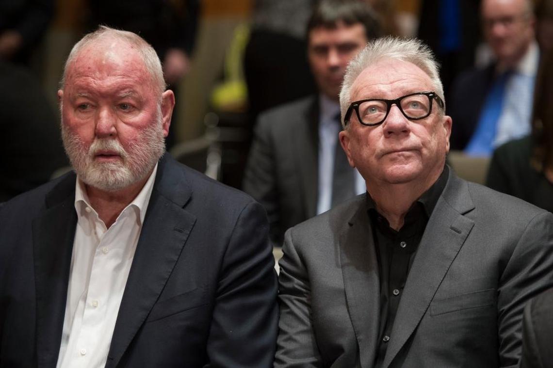 Former Backpage.com owners, James Larkin, left, and Michael Lacey wait on Capitol Hill in Washington, in January 2017, to appear before the Senate Homeland Security and Governmental Affairs Permanent subcommittee on Investigations hearing on Backpage.com