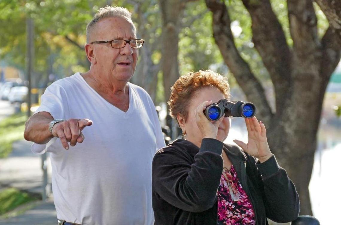 Rafael and Onelia Menendez use binoculars to observe the collapsed FIU pedestrian bridge on Sunday, March 18, 2018, as investigators examine the northern end of the bridge where cracks were found before its collapse.