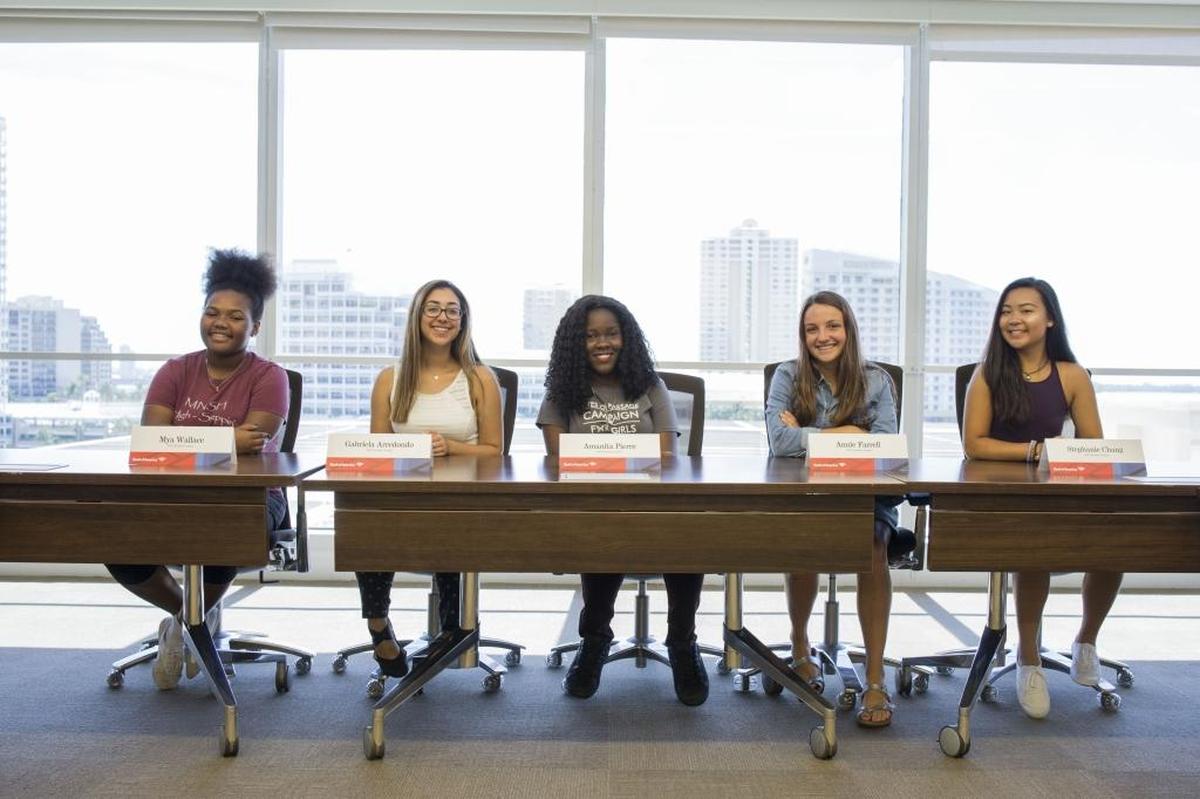 From left to right, Bank of America Student Leaders Mya Wallace, Gabriela Arredondo, Amanita Pierre, Annie Farrell and Stephanie Chang at a wrap-up celebration of this year's student leaders program on Monday, Aug. 14, 2017.