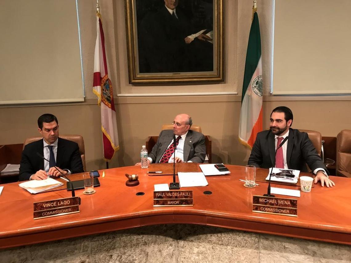 From left: Coral Gables Commissioner Vince Lago, Mayor Raúl Valdés-Fauli and Commissioner Michael Mena during the March 20, 2018, meeting of the City Commission.
