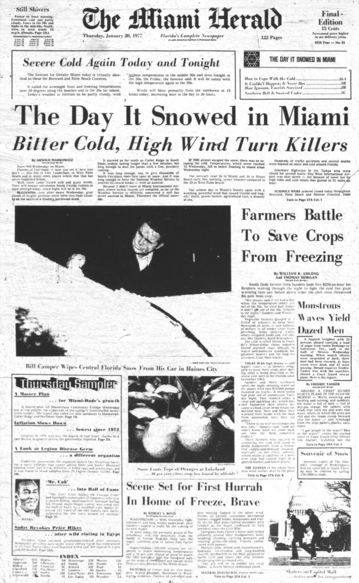 The front page of the Miami Herald in January 1977 noting the historic weather day.