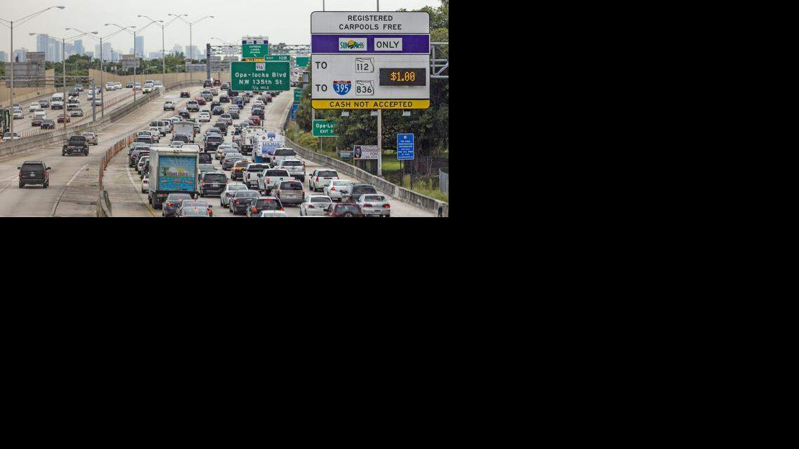 
Southbound traffic headed towards the Miami skyline in the four unrestricted I-95 lanes, at right, near the Golden Glades intersection at State Highway 826 in Miami, Florida, on Thursday, Sept. 11, 2014, is at a standstill due to a traffic accident, while the two southbound express toll lanes were unaffected. At right, northbound I-95 traffic flows at a normal pace in both the unrestricted (far right) I-95 lanes and the I-95 express toll lanes. In both directions, orange barrier poles separate the normal and toll lanes. 
