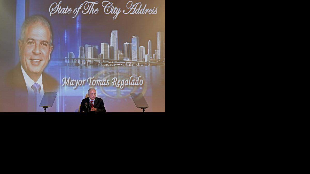 
Miami Mayor Tomas Regalado checks the crowd before giving his State of the City address at City Hall in Coconut Grove on Wednesday, Feb. 18, 2015.
