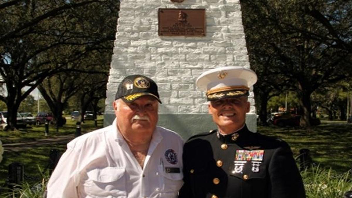 
Recently reelected Virginia Gardens Councilman Richard Block poses for a photo with Marine Corps Col. David Carbonero at the Sept. 19 re-dedication ceremony of the Marine Maj. Gen. Roy S. Geiger memorial.

