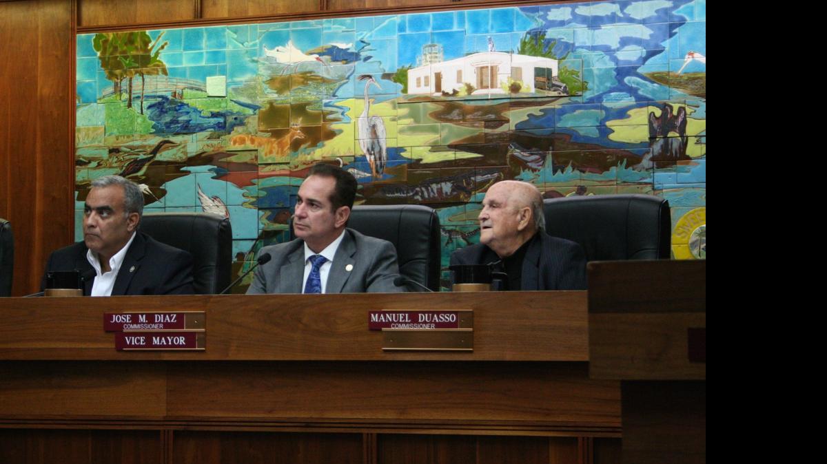 
Commissioner Jose Bergouignan, left, and Vice Mayor Jose M. Díaz, center, were among the elected officials who voted not to ratify Plácido Díaz as the permanent Sweetwater police chief, while Commissioner Manuel Duasso, right, voted to keep Díaz as chief.
