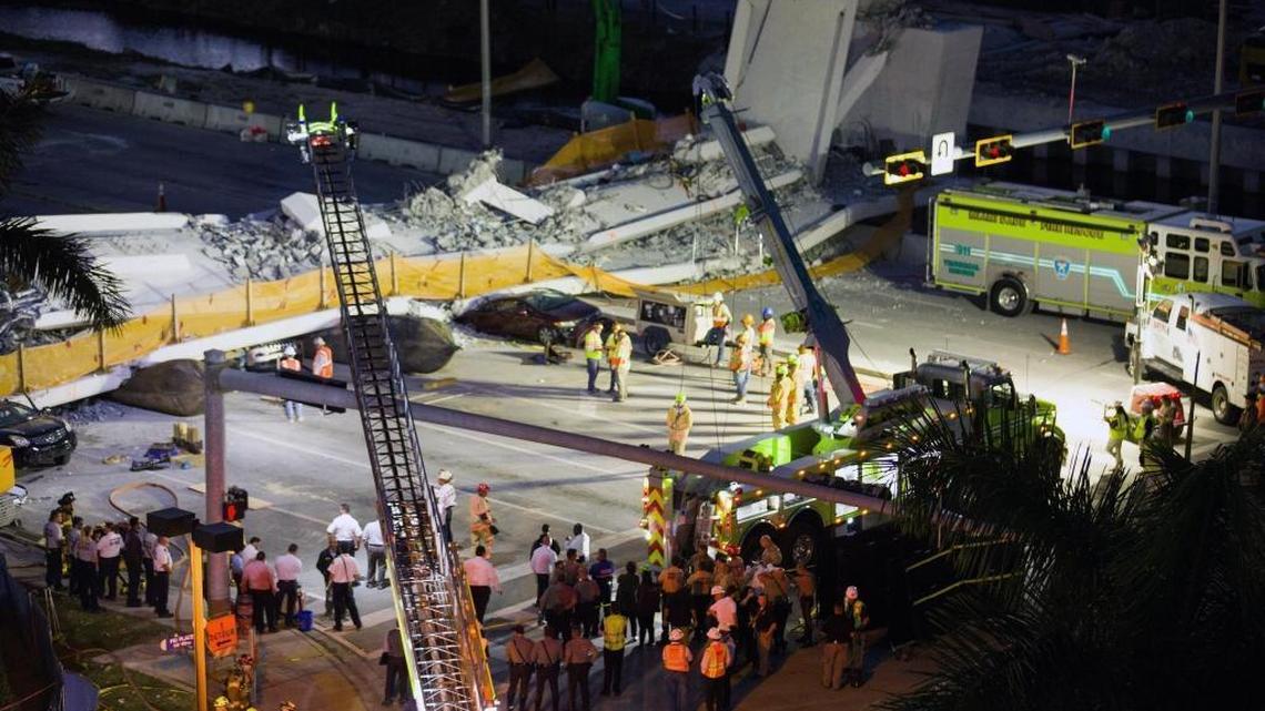 Recovery operations continue Friday evening, March 16, 2018, at the site of the collapsed FIU pedestrian bridge. On Saturday, Florida International University said its team met with engineers and Florida’s Department of Transportation to discuss a crack discovered on the structure just hours before the March 15 collapse.