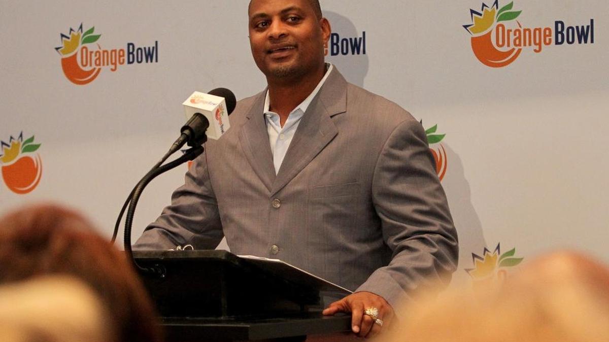 Former Miami Hurricane and NFL great Darrin Smith emceed the event as the Orange Bowl Committee celebrated the grand opening of Orange Bowl Field at Ives Estates Park.