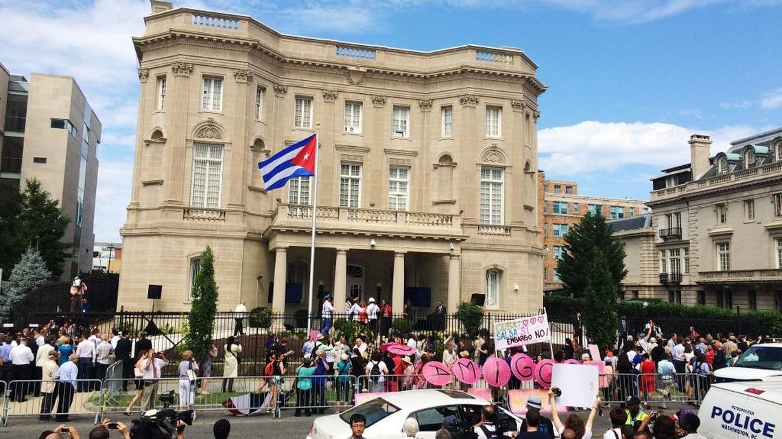 The Cuban flag is raised over the re-opened Cuban embassy in Washington, D.C. on July 20, 2015.