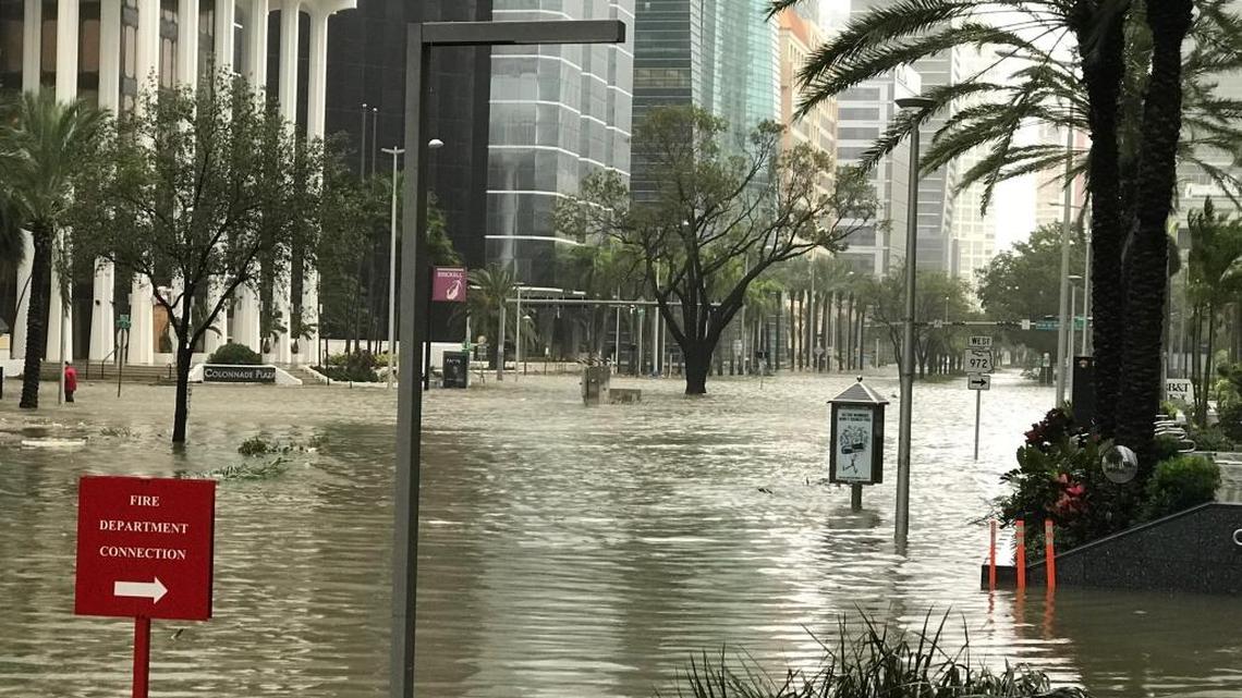 A view of the flooding caused on Brickell Avenue by Hurricane Irma.