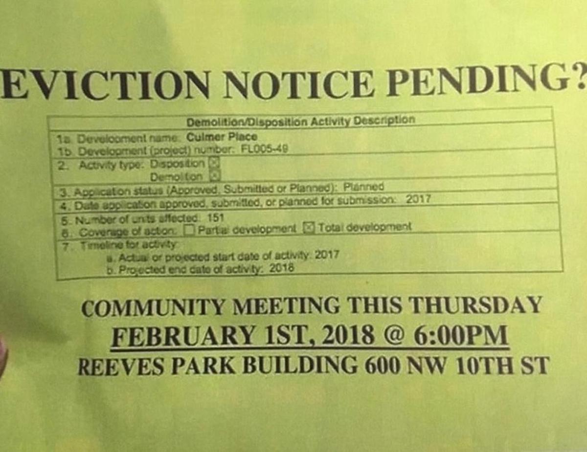 A flier that resembles an eviction notice that was distributed to public housing residents in Overtown near the stadium site selected by David Beckham and partners for a Major League Soccer franchise. The flier is promoting a community meeting organized by opponents of the proposed stadium.