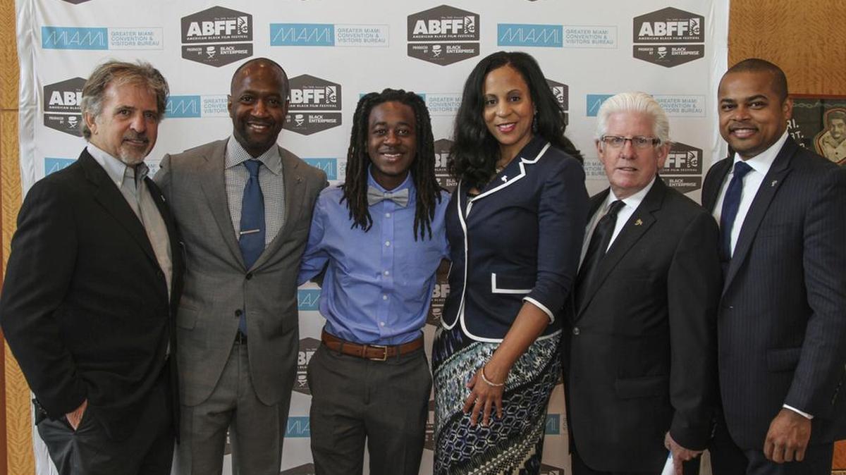 
(l. to r.) Attendees at a press conference held at the Lyric Theater in Miami on Aug. 11 to announce the return of the American Black Film Festival (ABFF): Bruce Orosz, Greater Miami Convention & Visitors Bureau (MCVB) chair; Jeff Friday, ABFF founder; filmmaker Elijah Wells; Connie Kinnard , GMCVB VP of multicultural mourism and development; William Talbert, GMCVB president and CEO; and City of Miami Commissioner Keon Hardemon. 
