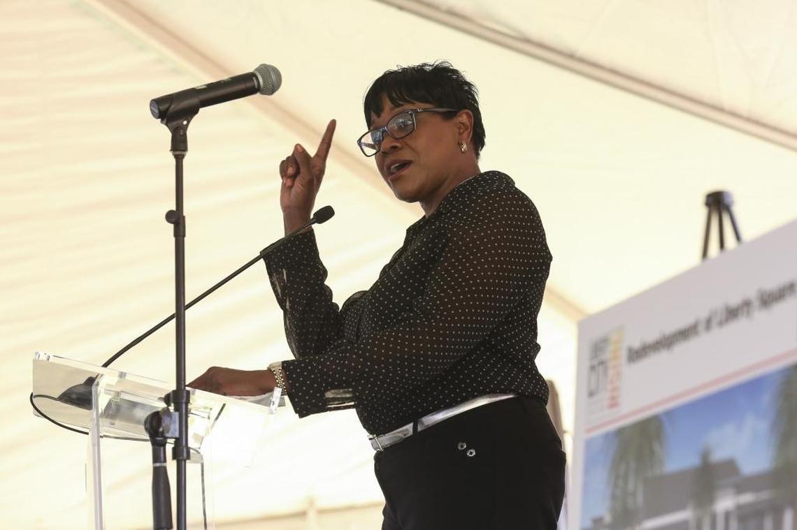 Miami-Dade Commissioner Audrey M. Edmonson speaks at the Liberty Square groundbreaking ceremony.