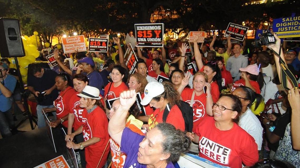 Joining a national day of action on Tuesday, protesters in downtown Miami rallied in support of a higher minimum wage. Workers from the fast-food, healthcare, airport and childcare industries took part. Similar events occurred elsewhere in the state Tuesday, including in Fort Lauderdale and West Palm Beach, and throughout the country.