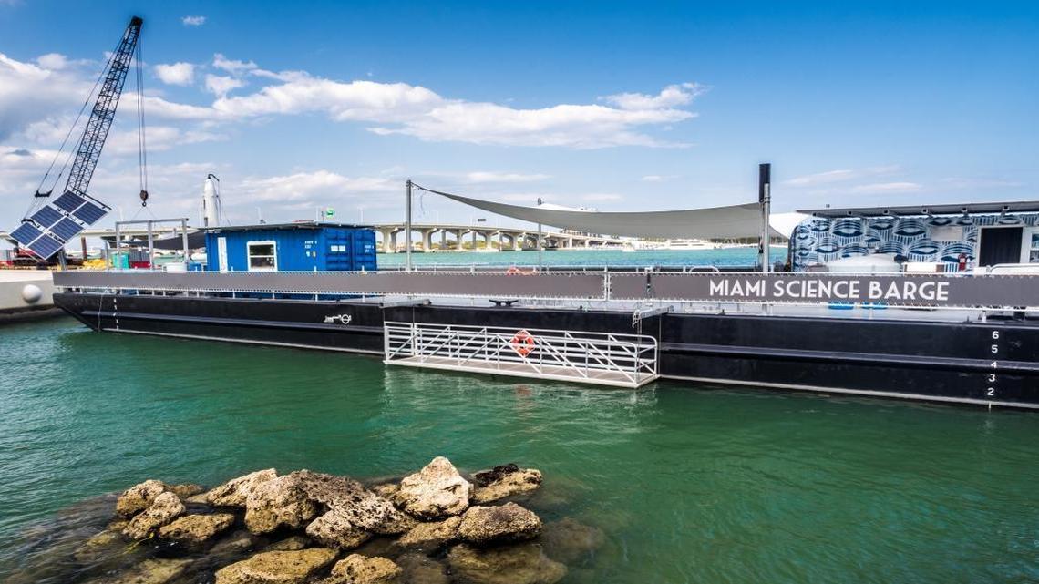 The Miami Science Barge is moored in a notch in the seawall at Museum Park downtown, adjacent to the site of the new Frost Museum of Science.