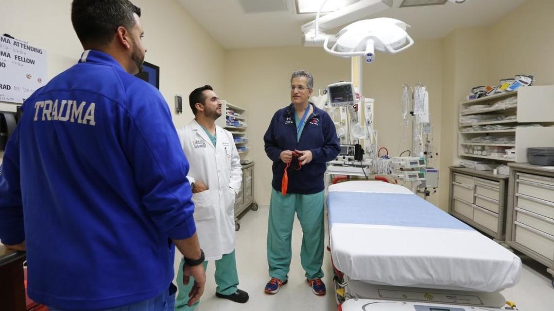 Trauma nurse, Luis DeRosa, left, with trauma surgeon Dr. Gabriel Ruiz and Dr. Nicholas Namias inside one of the new trauma units on Wednesday, May 4, 2016. The new trauma center at Jackson South Community Hospital is a Level II facility.