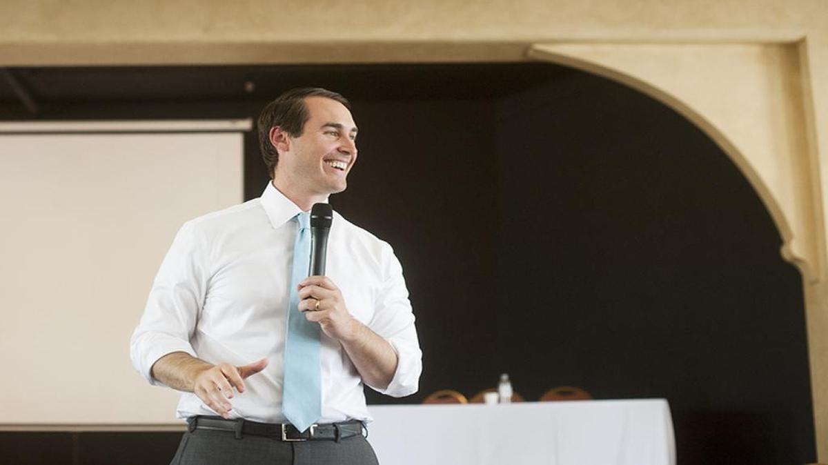 Democratic gubernatorial candidate Chris King gives a campaign speech at the Florida Young Democrats Convention in Tampa on May 20.