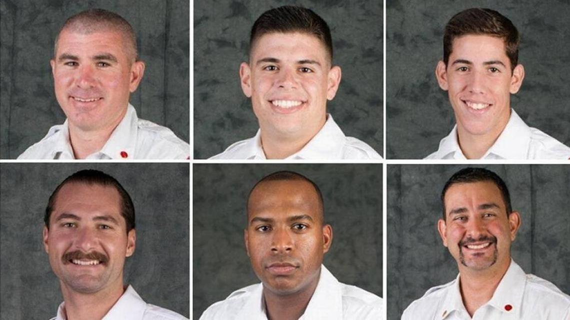 City of Miami firefighters, clockwise, from top left, William Bryson, Kevin Meizoso, David Rivera, Alejandro Sese, Harold Santana and Justin Rumbaugh were fired over an incident in which someone hung a noose over a black lieutenant’s family photos inside a fire station.