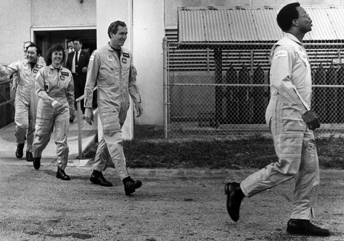 Space Shuttle Challenger crew members including Ronald McNair, far right, are seen at the Kennedy Space Center in January 1986.