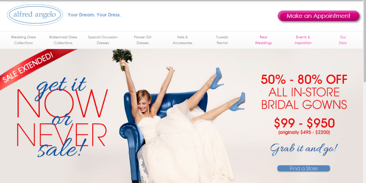 Despite filing for bankruptcy liquidation, Alfred Angelo’s website on Friday night broadcast only bridal bliss. The featured sale’s slogan: “Get it Now or Never.”