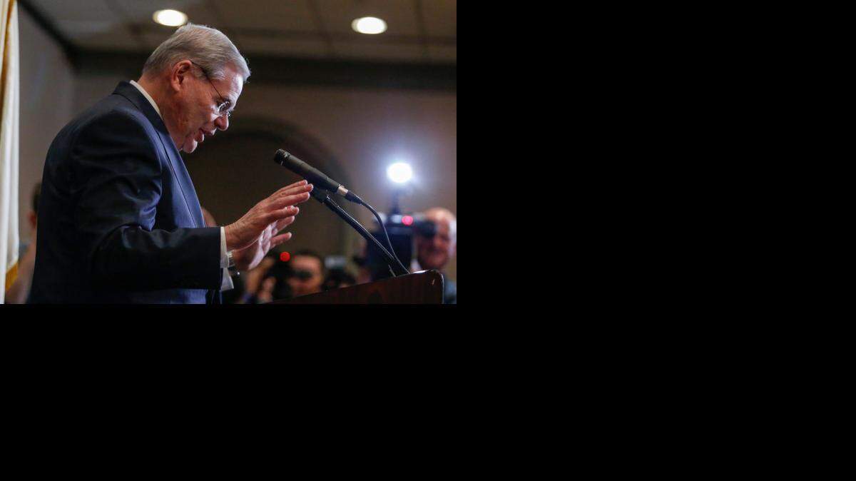 
Sen. Robert Menendez (D-NJ) speaks at a press conference on April 1, 2015 in Newark, New Jersey. Menendez has been indicted on federal corruption charges of conspiracy to commit bribery and wire fraud. 
