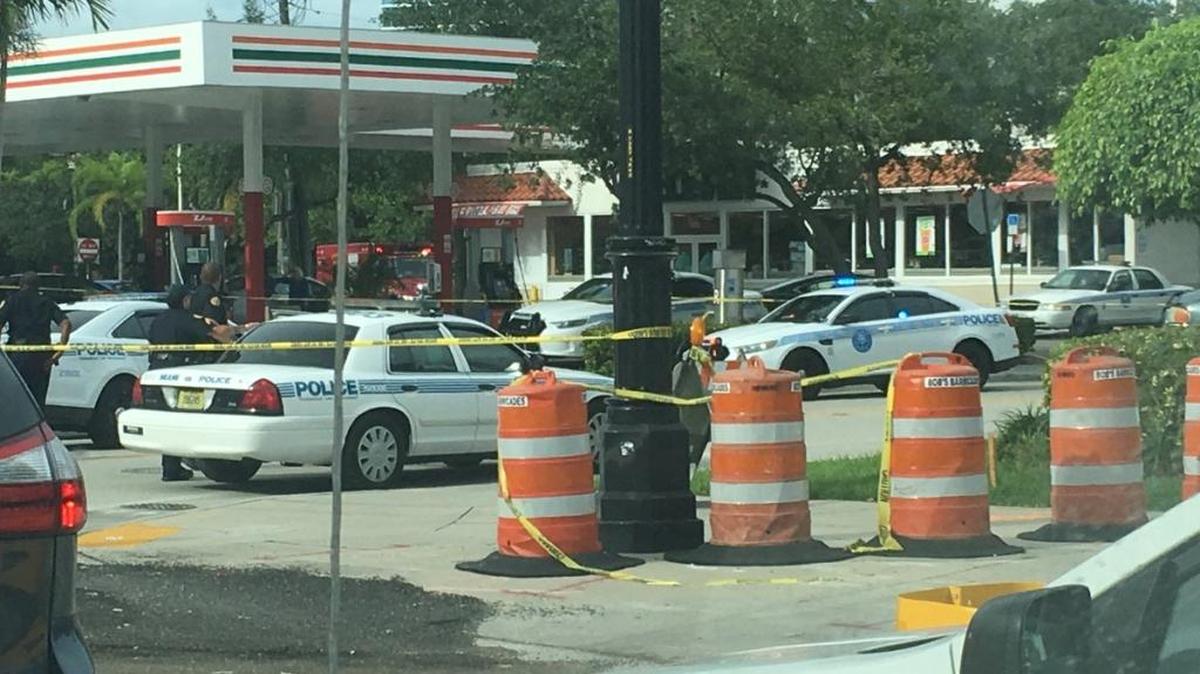 A brief police chase in Miami Sunday night that began when a cop spotted a speeding car following two ATVs ended with a crash at a gas station, according to police.