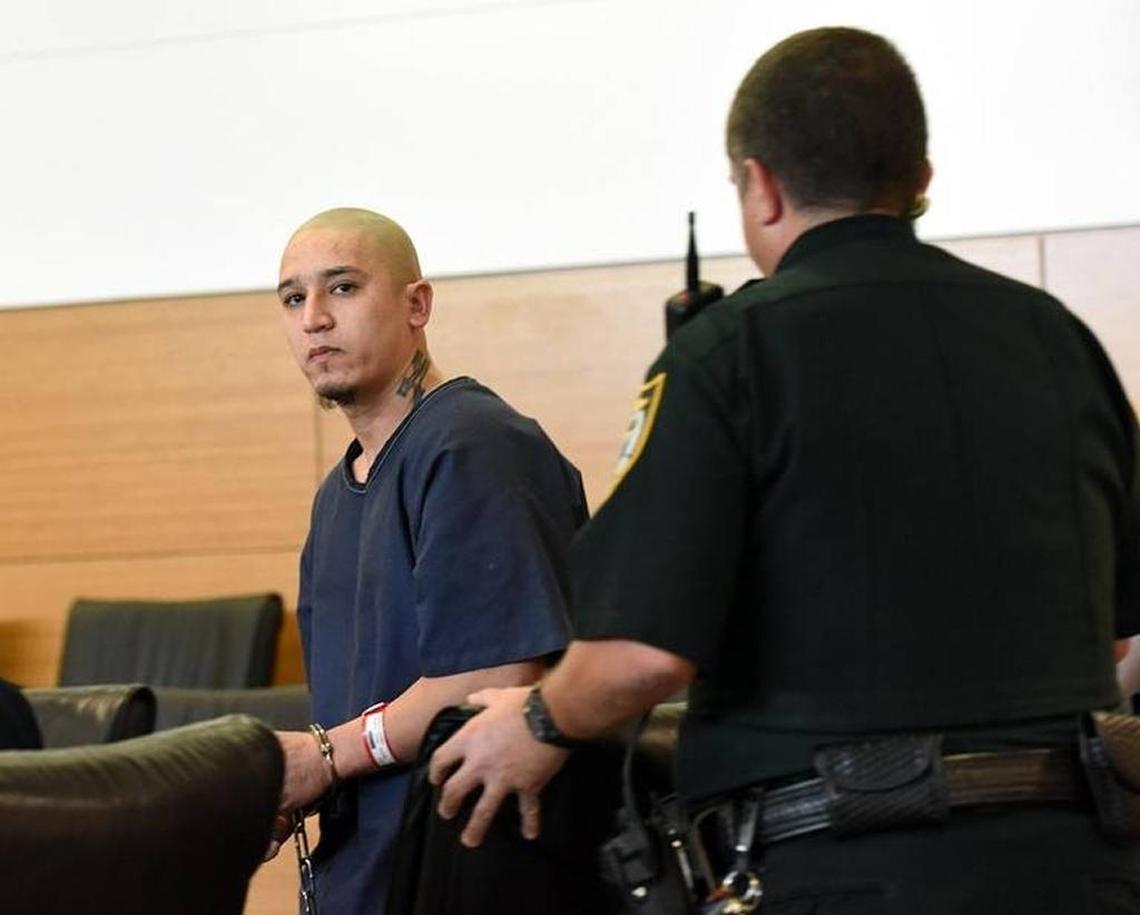 Triple-murder suspect Andres Avalos Jr., charged with three counts of first-degree murder in the Dec. 4, 2014, slayings of his wife, Amber Avalos; neighbor, Denise Potter, 46; and the Rev. James “Tripp” Battle, 31, appears in court May 14, 2015.