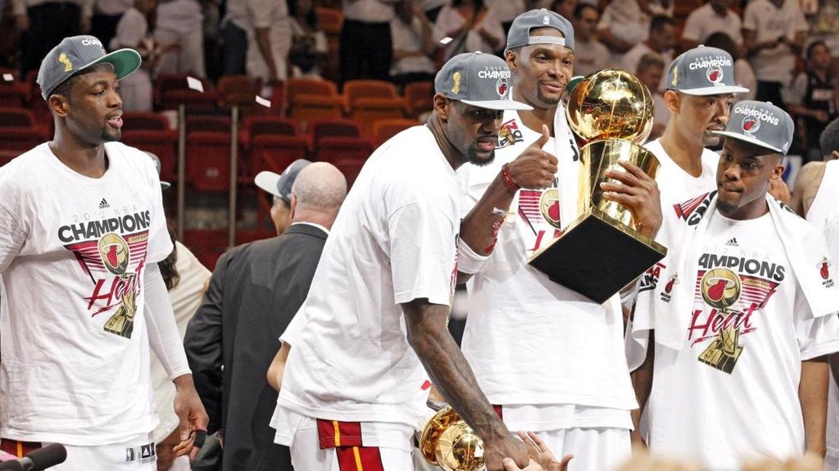 Miami Heat's Dwyane Wade, LeBron James, Chris Bosh and Mario Chalmers celebrate their NBA Championship in 2012 over the Oklahoma City Thunder.