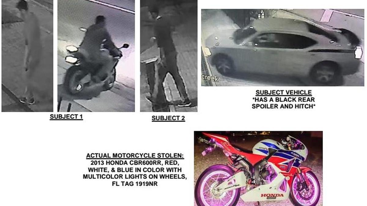 Police are looking for men who stole an $11,000 motorcycle from a Collins Avenue condominium.