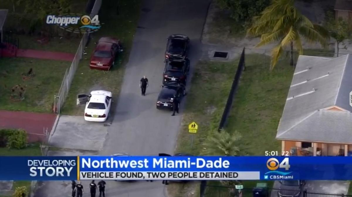 Miami police find a car near Northwest 17th Avenue and 68th Terrace Tuesday afternoon after a woman reported she had been carjacked earlier that morning on Jan. 16, 2018. Police have two suspects in custody.