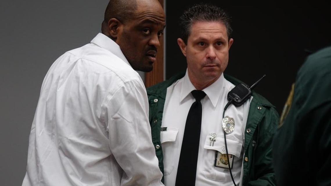 Exzavier Robinson, 36, in Miami-Dade court on Thursday as he began trial for the murder of security guard Emily Anderson in 2009. Prosecutors say Robinson crashed into Anderson’s car as he was fleeing from police.