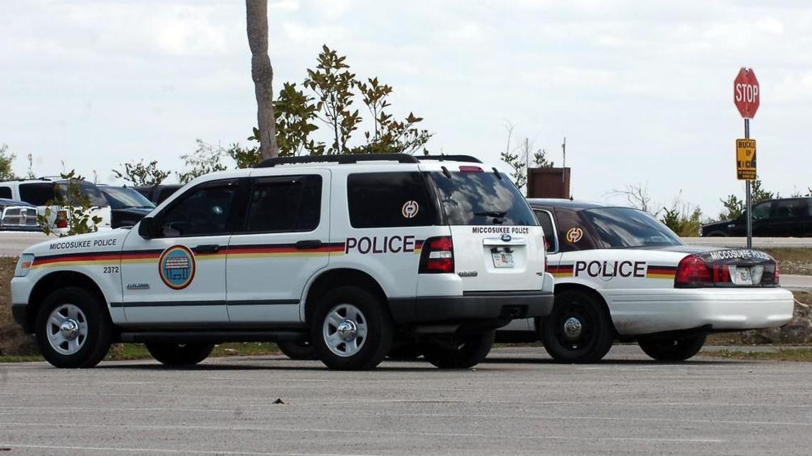 Miccosukee police cars parked outside the tribal village in West Miami-Dade. The small police department investigated its first homicide on Dec. 25, 2016.