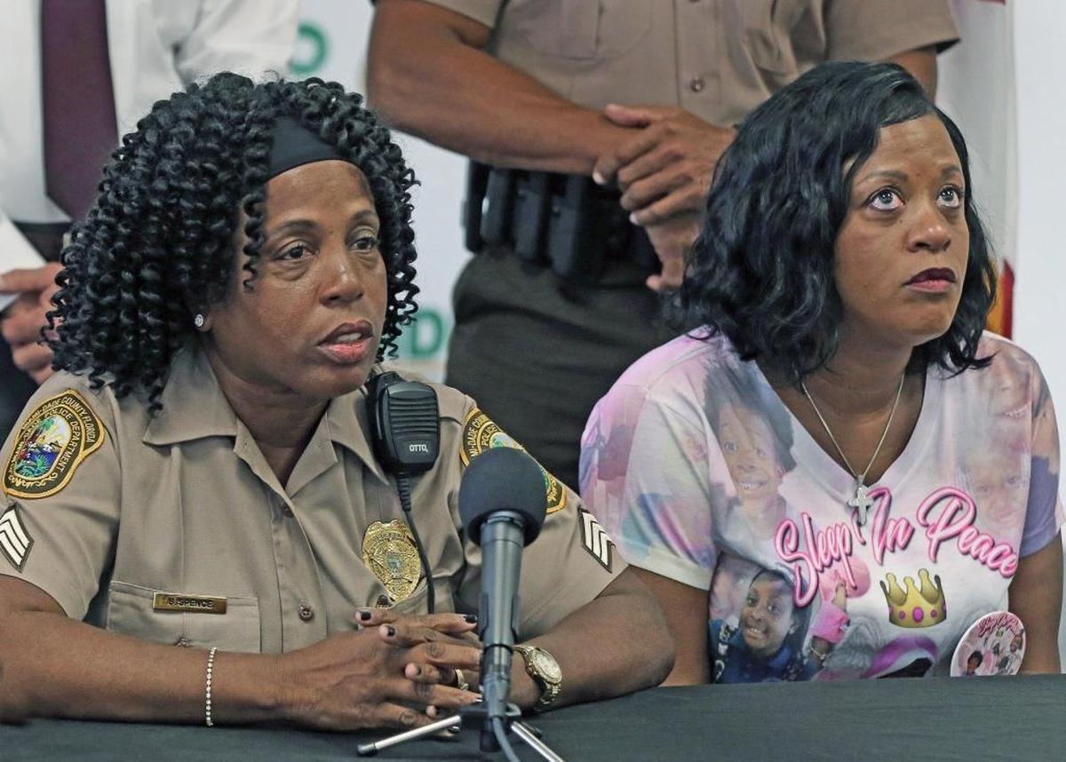Miami-Dade County Police Brendolyn Spence, left, great aunt of Jada Page, speaks at a news conference next to Jada Page's grandmother Lisa Brown. Monday, August 28, 2017