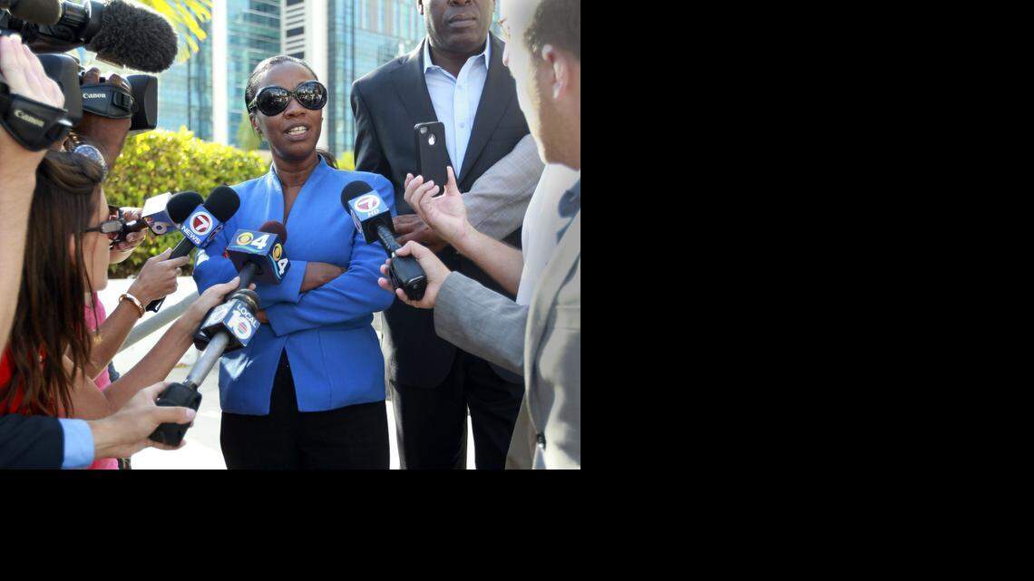 
In May, North Miami Mayor Lucy Tondreau talks with the media outside the federal courthouse in Miami. Her trial on charges of mortgage fraud could end this week.

