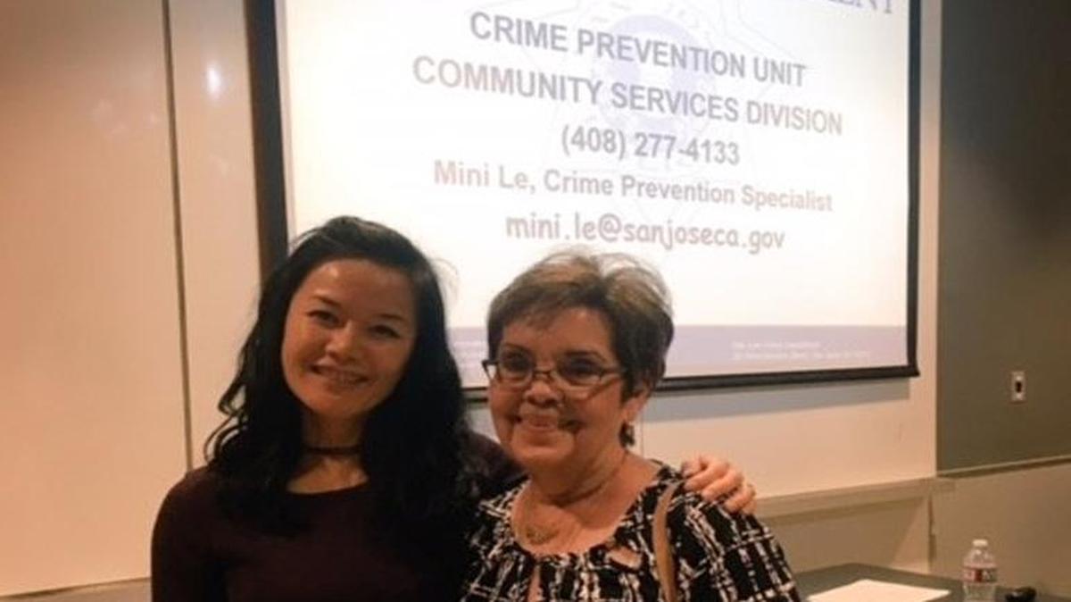San Jose Crime Watch coordinator Mini Lee and Carmen Caldwell at a meeting recently in California.