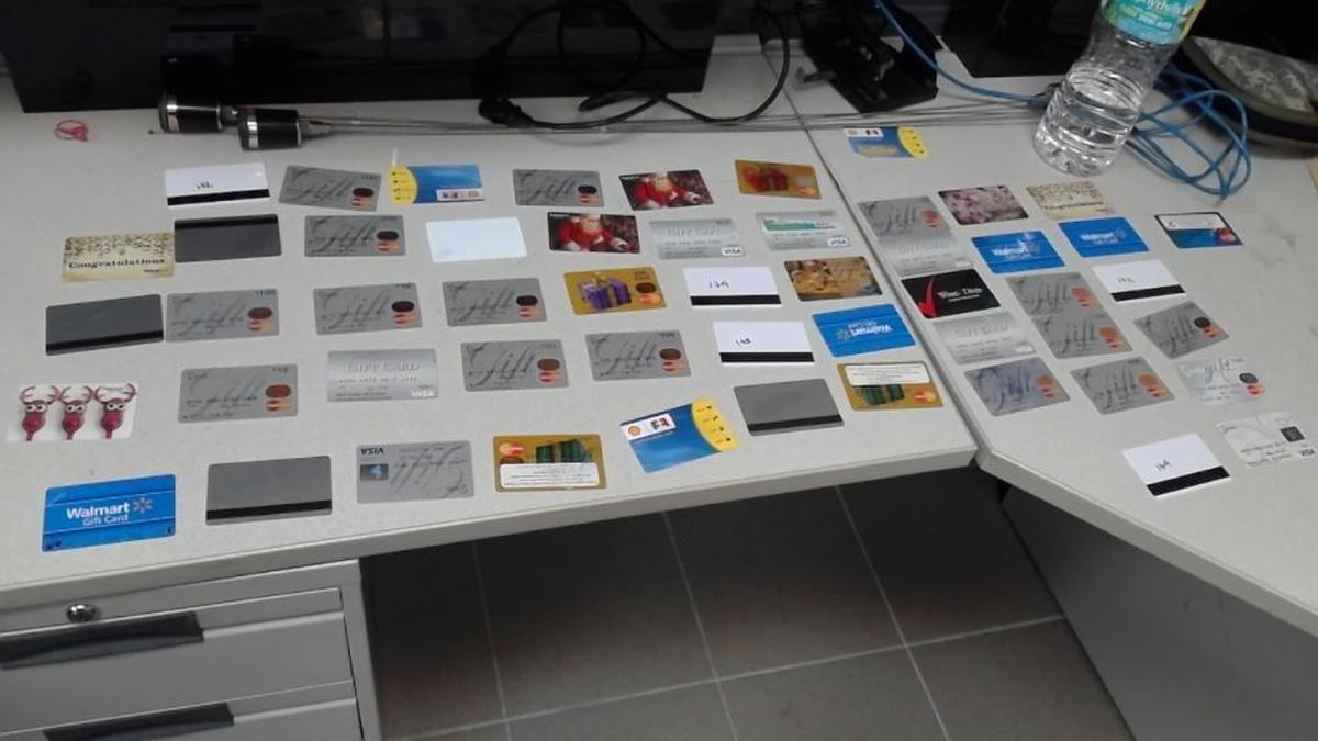 Gift cards found inside the Ford Expedition driven by Yoelkys Cuba Cardoso, who was arrested in a suspected “fuel bladder” vehicle in December. The cards are suspected of being encoded with stolen credit-card numbers.