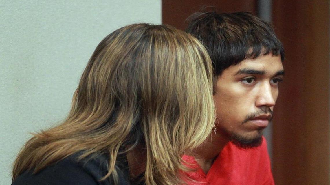 Kaheem Arbelo, right, was in a court hearing Tuesday, August 25, 2015, with his counsel Kellie Peterson. Kaheem is suspected of being the ringleader in the machete murder of 17-year-old Jose Amaya Guardado.