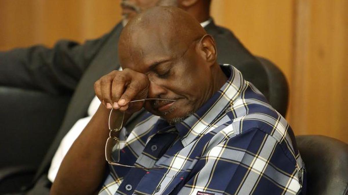 
Robert Sheffield was sentenced to 36 months in prison for the 2014 hit and run crash of grandmother Louis Anderson. Behind him is his attorney Vincent Dunn.
