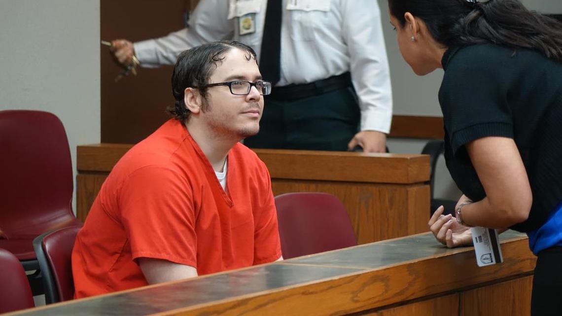 
Michael Hernandez, who murdered his classmate in a campus bathroom at Southwood Middle in 2004, during a recent court hearing. His re-sentencing hearing begins Wednesday.
