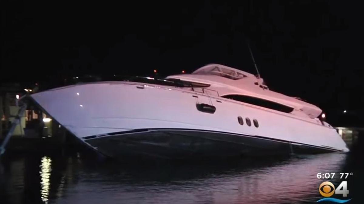 The Mimi, an 80-foot yacht stolen and crashed at the Miami Beach Marina in 2016. The thief, Joselinn Anthony, pleaded guilty this week.