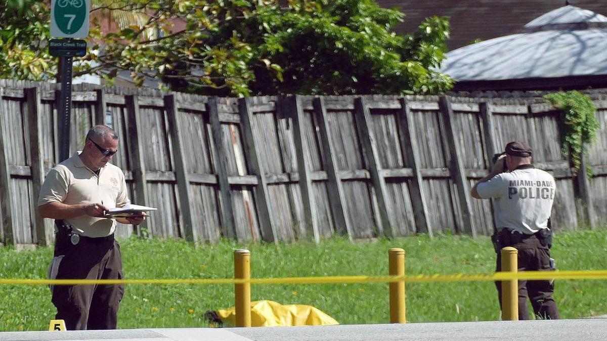 Miami-Dade police crime scene investigators photograph the body of a robbery suspect near a canal embankment near Southwest 127th Avenue and 206th Street in South Miami-Dade on Tuesday, Nov. 17.