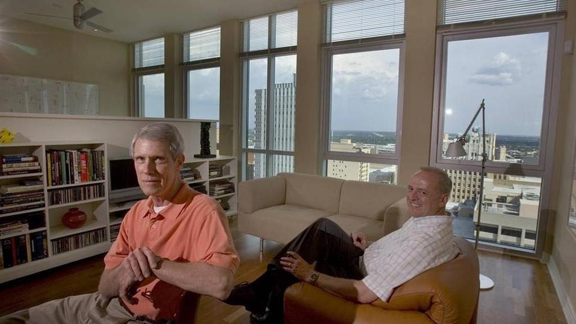 Tom Lang, left, and Steve Dutton were photographed in 2005 in their condominium on the 24th floor of The Tower in downtown Fort Worth.