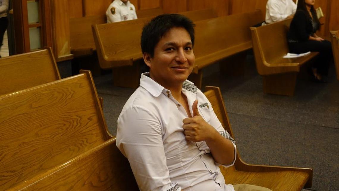 Michell Espinoza is all smiles in Miami-Dade circuit court on Friday as his lawyers sought to persuade a judge to dismiss money laundering charges against him. He is accused of illegal dealings in the virtual currency known as Bitcoin.