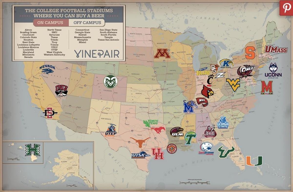 This map shows the more than two dozen other college football stadiums that sell beer at football games. They include West Virginia and the universities of Texas and Louisville.