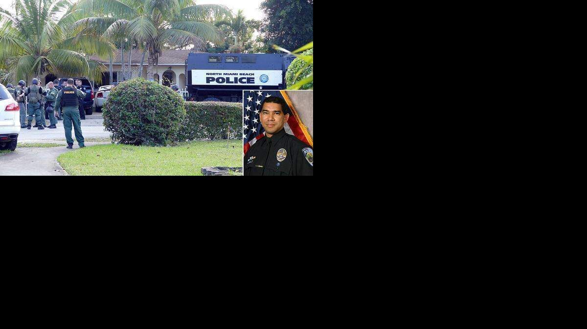 North Miami Beach police officer, Lino Diaz, was shot while serving a warrant in the area of Northeast 160th Street and 8th Avenue on Friday. Feb. 6, 2015.