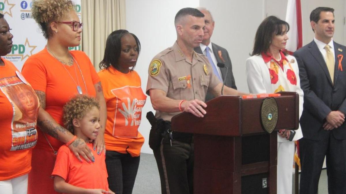 Miami-Dade Police Director Juan Perez speaks a press conference at the Miami-Dade County Police Headquarters about the creation of Crime Stoppers Kids, a reward program the public can donate it to in order to raise reward money for cases involving kids and gun violence.