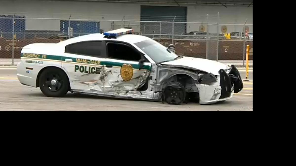 
One of the Miami-Dade police cars that was involved in a chase and crash at the Port Miami Tunnel Monday, May 5, 2015. A man stole a police car and led officers on a chase right into the Port Miami Tunnel, police said Monday. Another officer crashed into the stolen car to stop it.
