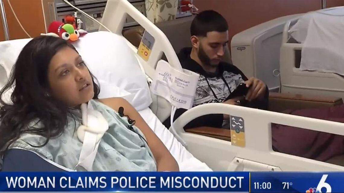 Alessandra Hernani, who was videotaped by WTVJ Channel 6, claims a Miami police officer broke her arm after she got caught up in a mob trying to force its way into the Ultra Music Festival on Sunday afternoon.